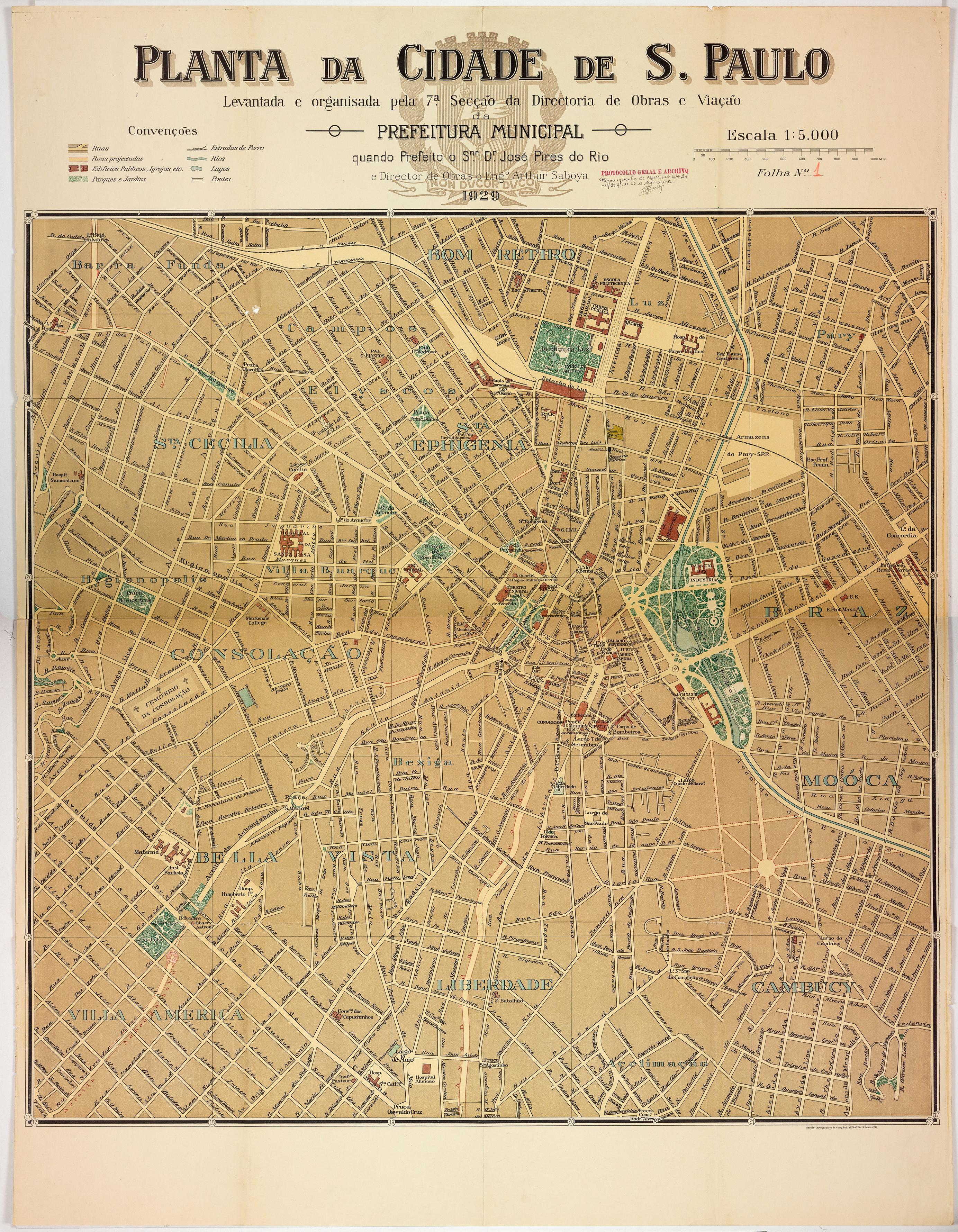 Planta da Cidade de S. Paulo Levantada e organisada pela 7ª Secção da Directoria de Obras e Viação da Prefeitura Municipal quando Prefeito o Snr. Dr. José Pires do Rio e Director de Obras o Engº. Arthur Saboya 1929
