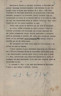 Documento encaminhado ao chefe de censura das casas de diversão pública do Distrito Federal em defesa do funcionamento da Sociedade Brasileira de Compositores e Editores Musicais (SBCEM)