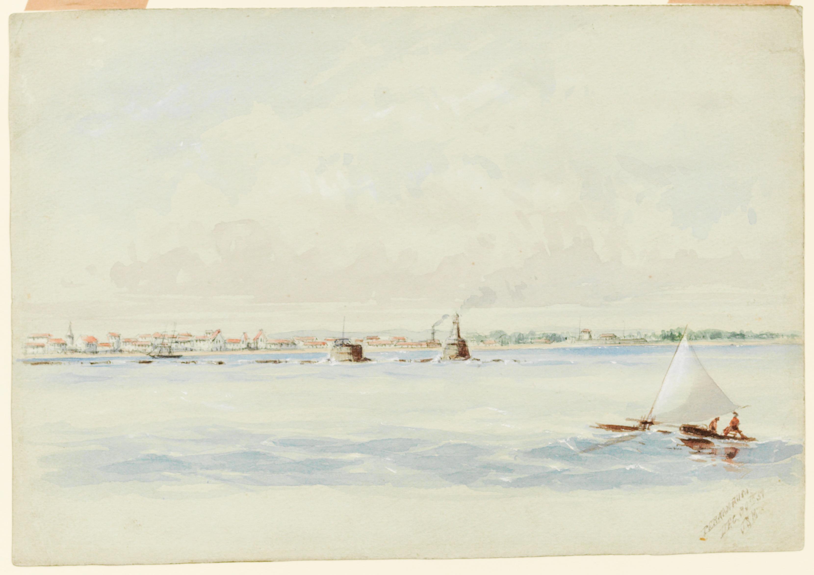 [Vista de Recife tirada do mar, com os arrecifes à frente]