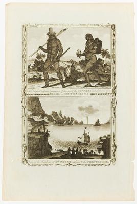 The Dress, Weapons & manner of living of the Tapoyers inhabitants of Brasil in South-America. View of the Harbour of St. Vincent, subject to the Portuguese