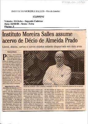 Instituto Moreira Salles assume acervo de Décio de Almeida Prado: Livros, ;discos, cartas e outros objetos estarão disponíveis em dois anos