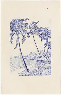 [Praia com coqueiros e canoa, tendo ao fundo uma casa em meio a pedras à beira-mar]