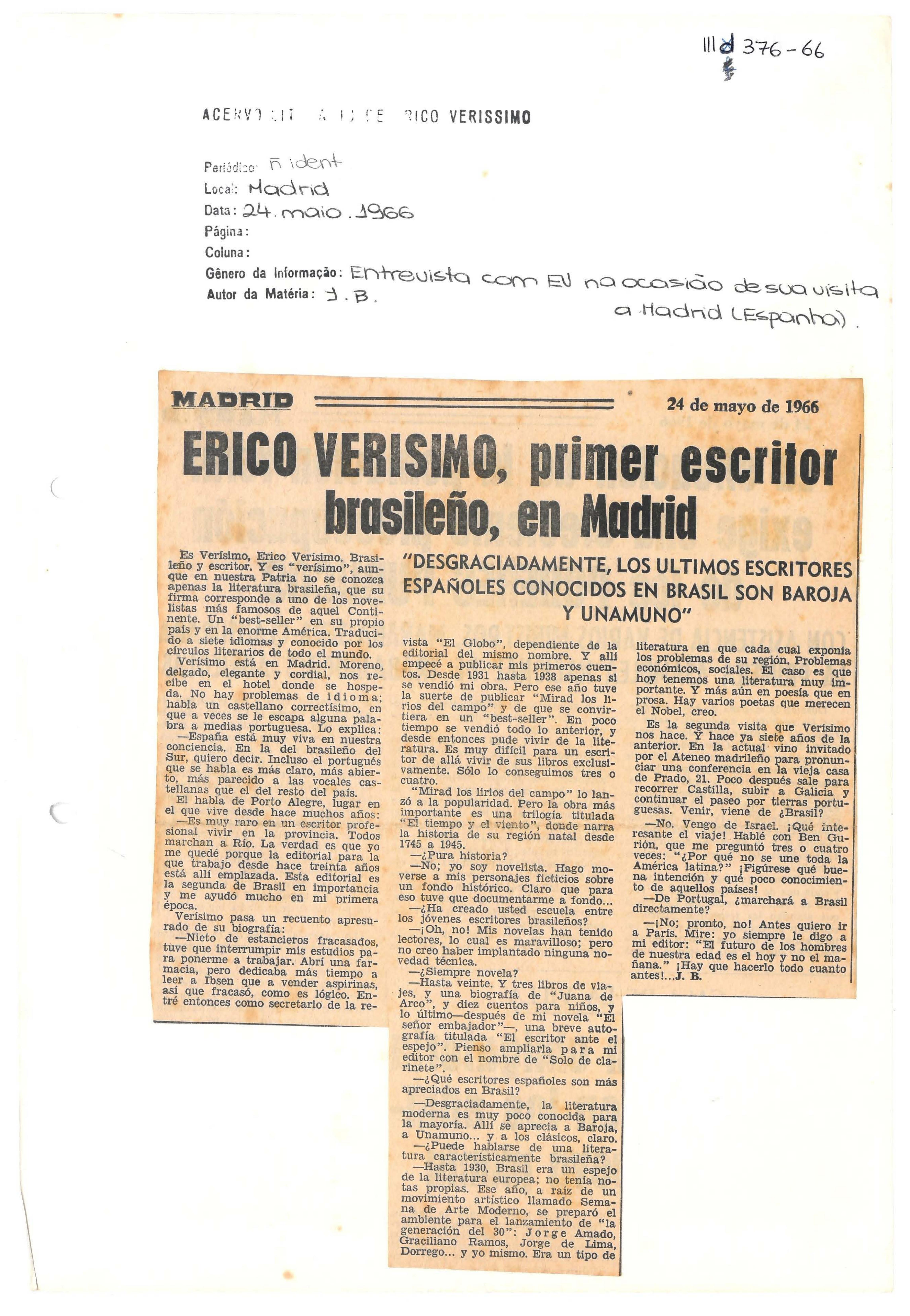 Erico Verissimo, primer escritor brasileño en Madrid