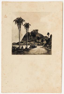 [Estrada ladeada por palmeiras, com montanhas ao fundo]