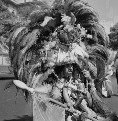 Carnaval de rua - bloco com pessoas utilizando fantasias de inspiração indígena