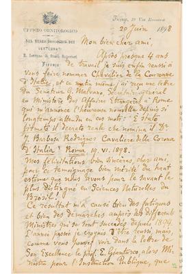 [Carta de Henri H. Giglioli a João Barbosa Rodrigues, escrita de Firenze em 20 de junho de 1898]