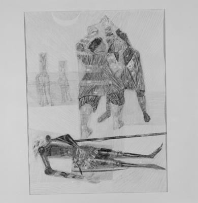 Série Dom Quixote de Cândido Portinari - Dom Quixote deitado e aldeões disputando