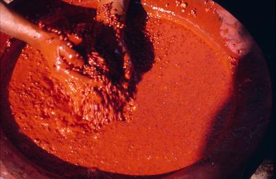 Série Xingu - Homem do povo Mehinako prepara a pasta de urucum