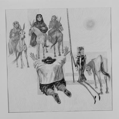 Série Dom Quixote de Cândido Portinari - Dom Quixote e Sancho Pança prosternados diante de mulheres a cavalo