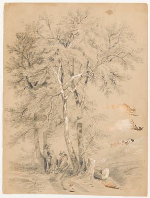 [Paisagem européia com dois homens junto a duas árvores e um tronco cortado, tendo um castelo ao longe]