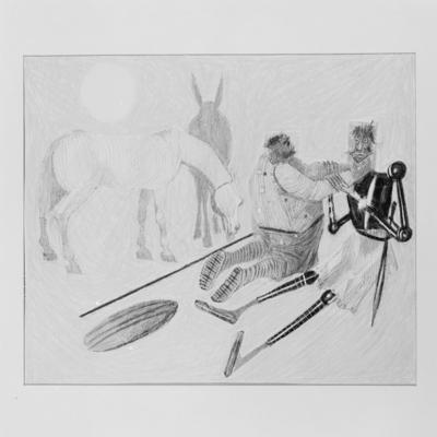 Série Dom Quixote de Cândido Portinari - Sancho Pança armando Dom Quixote