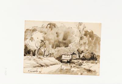 [Paisagem com casa na beira de rio, à frente de arvoredo]