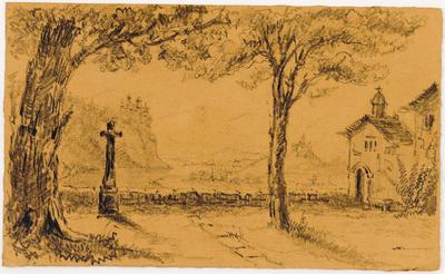 [Paisagem européia com capela e castelo]