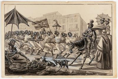 [Scène de la Rua Direita. Nègres porteurs de caffé allant toucher le payement de leur journée  Negresses vendant des bananes e des oranges - Ecclesiastique en cabriolet s'entretenant avec deux frères de St. Antoine.]