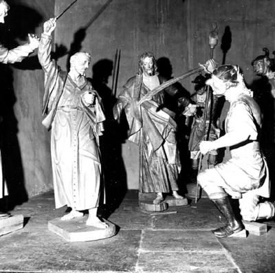 Via Crucis, Passos da Paixão, esculturas de Aleijadinho, cena do Passo da Prisão, São Pedro, Cristo e soldado romano