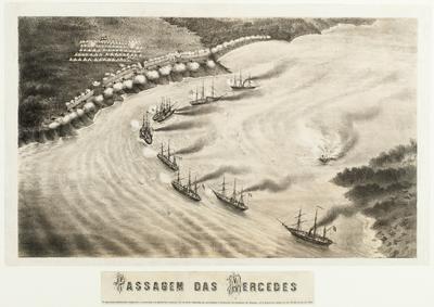 Passagem das Mercedes. A esquadra brasileira forçando a passagem das Mercedes, debaixo de um fogo terrivel de artilharia e fuzilaria do exercito de Robles, ás 2 horas da tarde do dia 18 de junho de 1865
