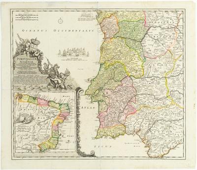 Portugalliae et Algarbiae cum finitimis Hispamae Regnis Castiliae Legionis Andalusiae Extrematurae, Galliciae & Granatae Novissima Tabula qua simul littora Brasiliae Meridional Americae Portugallicae Majestatis dominio subjecta nova methodo exhibentur a Johanne Bapt Homanno Geographo & Chalcographo Norimberg