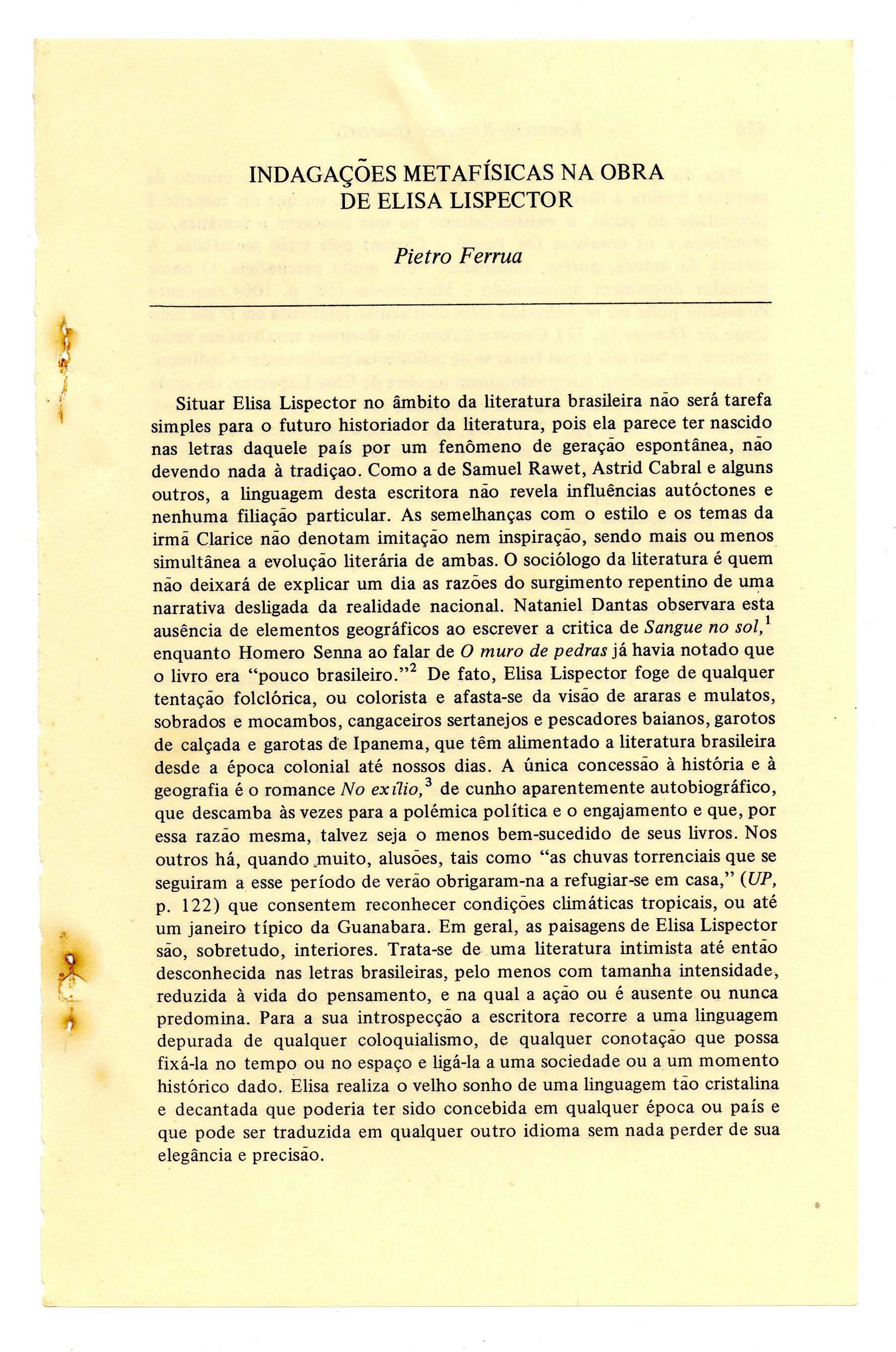 Indagações metafísicas na obra de Elisa Lispector