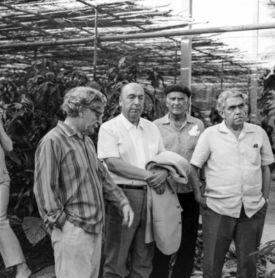 Burle Marx, Pablo Neruda, o fazendeiro Paulino Salgado e Rubem Braga (cabelo branco), no Sítio Burle Marx, na ocasião da visita de Pablo Neruda