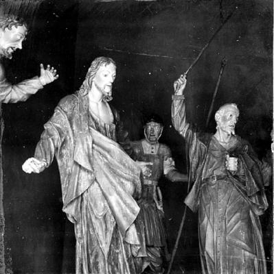 Via Crucis, Passos da Paixão, esculturas de Aleijadinho, cena do Passo da Prisão, Judas, Cristo, soldado romano e São Pedro