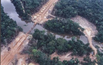 Vista aérea de construção de estrada e ponte em meio à floresta