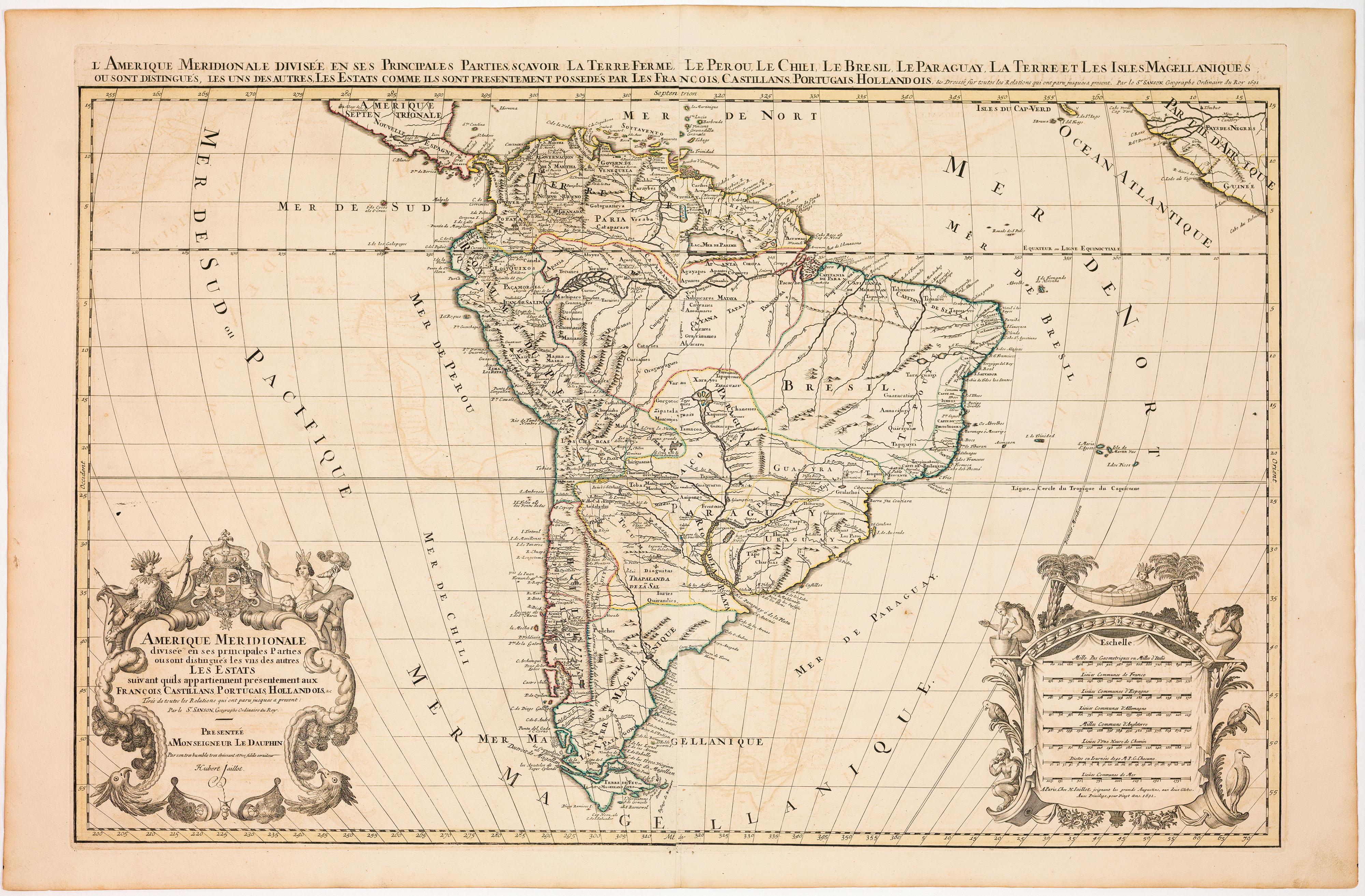 Amerique Meridionale divisée en ses principales Parties ou sont distingués les uns des autres Les Estats suivant quils appartiennent présentement aux François, Castillans, Portugais, Hollandois, & C.