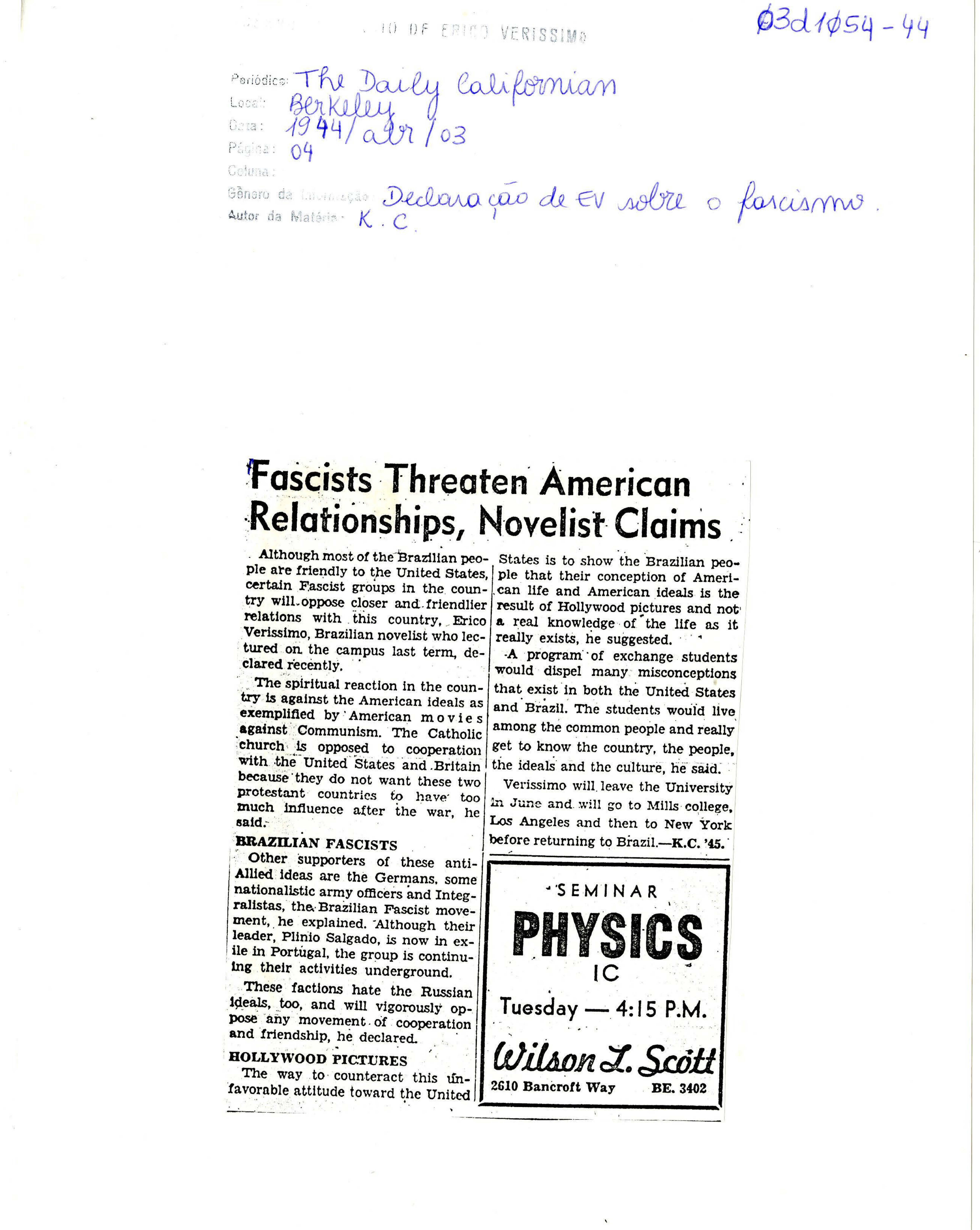 Fascists threaten american relationships, novelist claims