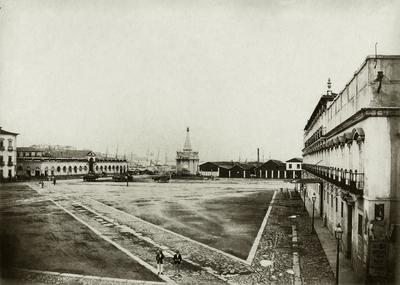 Praça D. Pedro II, atual Praça XV de novembro; à direita, Paço Imperial; ao fundo, chafariz do mestre Valentim