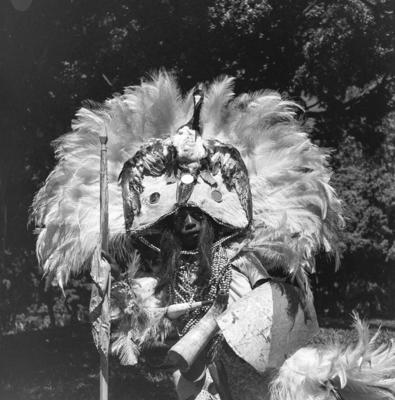 Carnaval de rua - bloco com pessoas utilizando fantasias de inspiração indígena