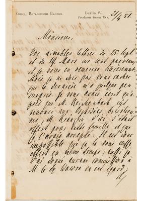 [Carta de A.W. Eichler a João Barbosa Rodrigues, datada de 21 de abril de 1881]