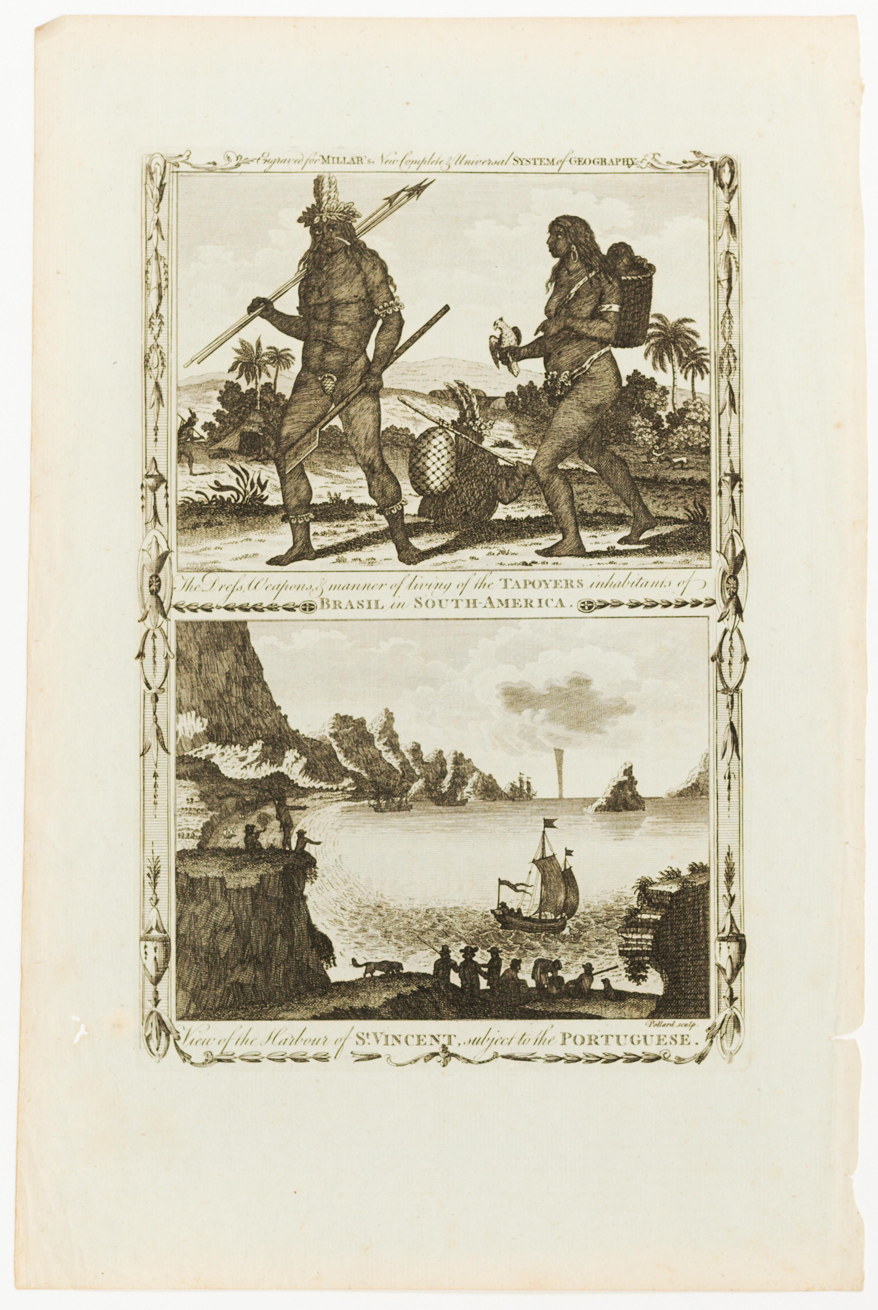 The Dress, Weapons & manner of living of the Tapoyers inhabitants of Brasil in South-America. View of the Harbour of St. Vincent, subject to the Portuguese