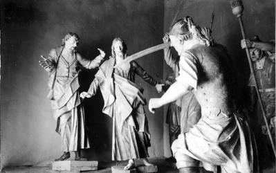 Via Crucis, Passos da Paixão, esculturas de Aleijadinho, cena do Passo da Prisão, Judas, Cristo e soldado romano