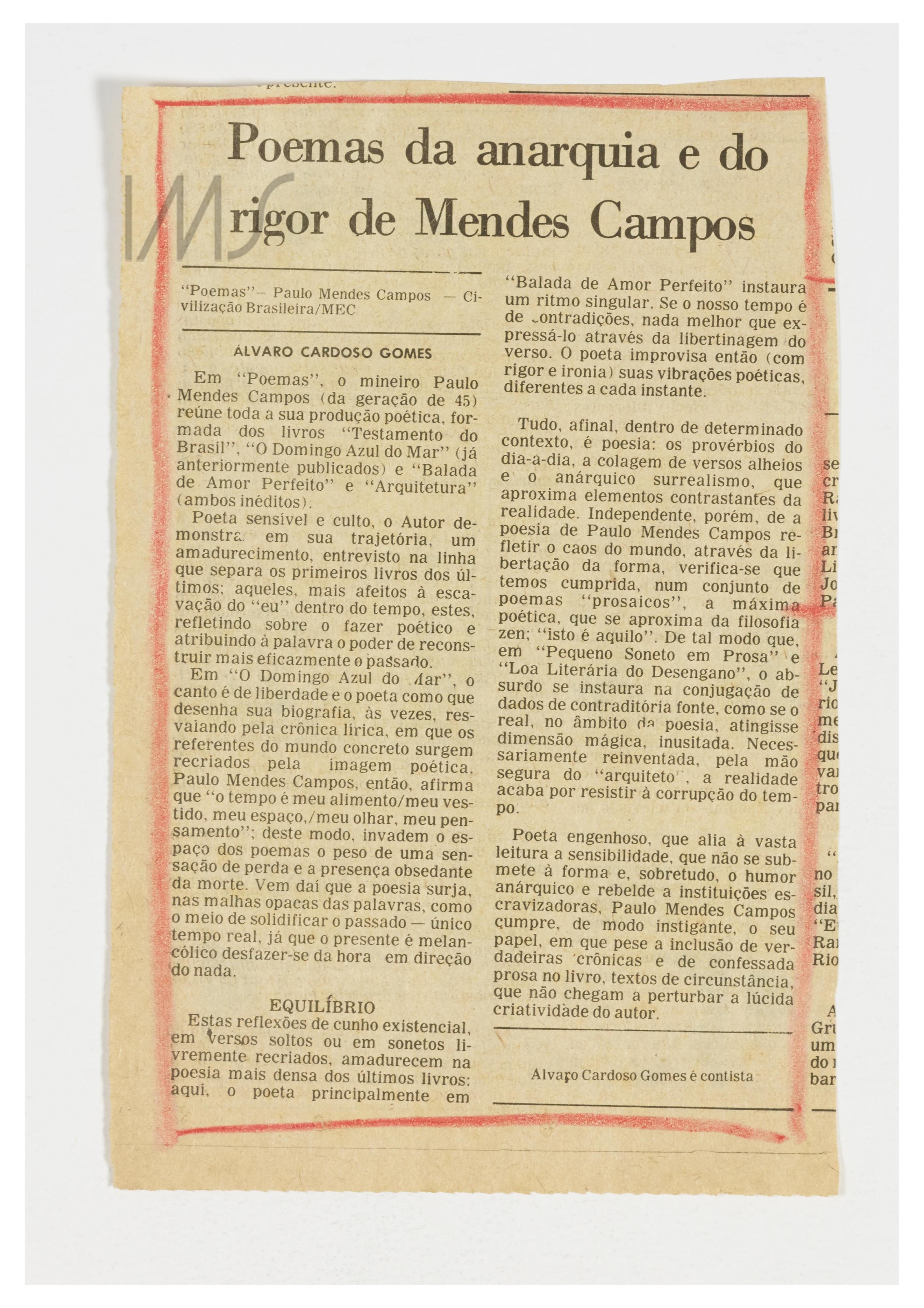 Poemas da anarquia e do rigor de Mendes Campos
