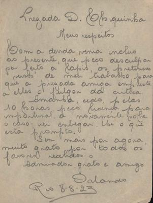 Carta em que remetente solicita crítica de Chiquinha Gonzaga para versos escritos.