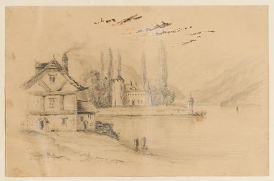 [Paisagem européia com castelo e lago]