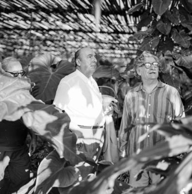 Burle Marx (camisa listrada) e Pablo Neruda, no Sítio Burle Marx, na ocasião da visita de Pablo Neruda