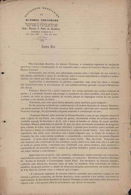 Carta acerca da construção do mausoléu de Francisco Manoel da Silva, autor do hino nacional brasileiro.