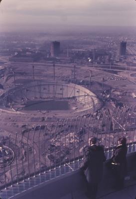 Construção do Parque Olímpico de Munique, vista da Torre Olímpica