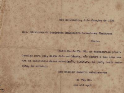 Solicitação de desligamento do quadro de sócios da Sociedade Brasileira de Autores Teatrais (SBAT)
