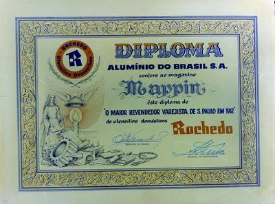 Diploma da Alumínio do Brasil S.A. para as lojas Mappin - reprodução