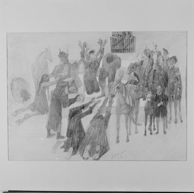 Série Dom Quixote de Cândido Portinari - Sancho Pança dormindo no cavalo e venerado pelo povo