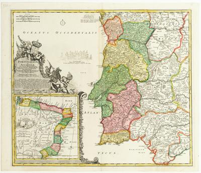 Portugalliæ et Algarbiæ cum finitimis Hispaniæ Regnis: Castiliæ, Legionis, Andalusiæ, Extrematuræ, Gallicia & Granatæ Novissima Tabula qua simul littora Brasiliæ Meridional Amaricæ Portugalliæ Magestatis dominio subjecta nova methodo exhibentur â Iohanne Bapt. Homanno Geographo & Chalcographo Norimberg