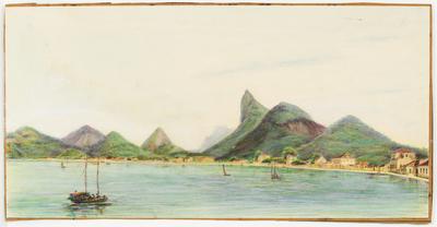 [Vista sobre a praia de Botafogo, com embarcação a remo no primeiro plano, à esquerda]