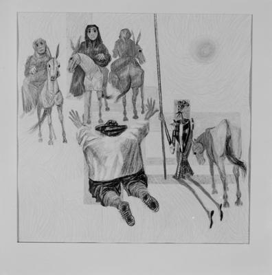 Série Dom Quixote de Cândido Portinari - Dom Quixote e Sancho Pança prosternados diante de mulheres a cavalo
