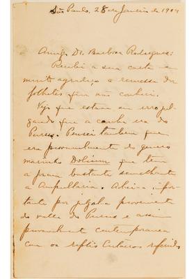 [Carta de Orville A. Derby a João Barbosa Rodrigues, escrita de São Paulo em 28 de janeiro de 1904]