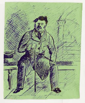 [Homem sentado, segurando bengala]