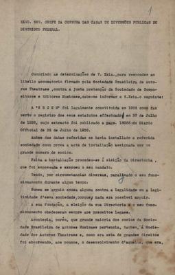 Documento encaminhado ao chefe de censura das casas de diversão pública do Distrito Federal em defesa do funcionamento da Sociedade Brasileira de Compositores e Editores Musicais (SBCEM)