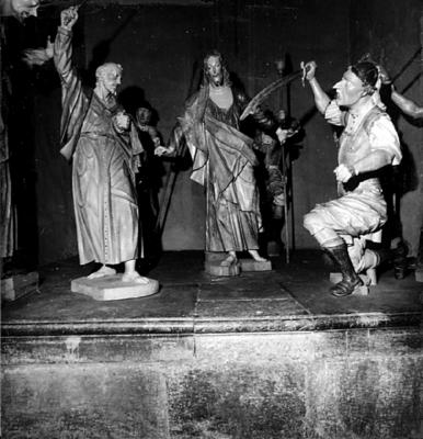 Via Crucis, Passos da Paixão, esculturas de Aleijadinho, cena do Passo da Prisão, São Pedro, Cristo e soldado romano