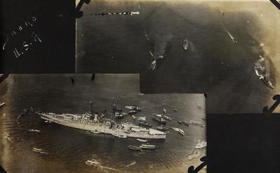 Vista aérea do Encouraçado americano U.S.A. IDAHO, em visita ao Rio de Janeiro